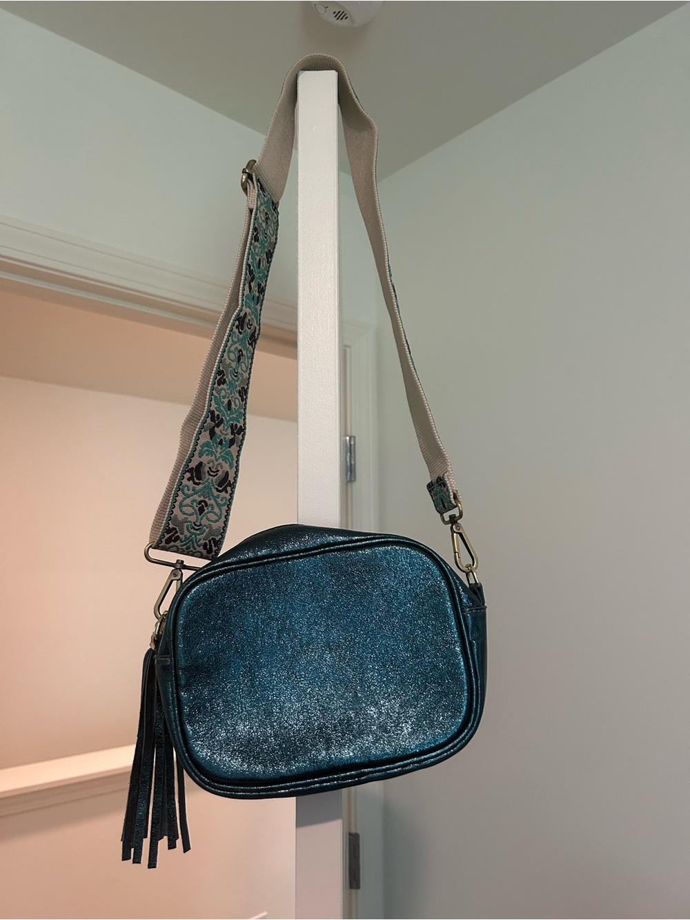 Cadenza Glitter Teal Crossbody Bag with Decorative Strap